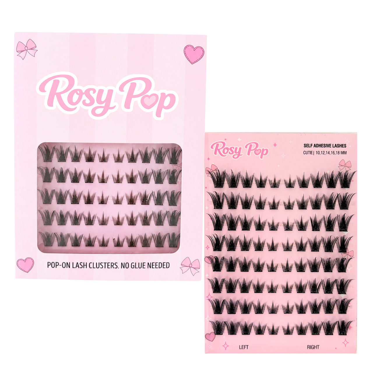 Rosy Pop false eyelash clusters shown in their pink retail packaging and on the included application card, with black lashes arranged in rows against a white background.