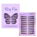 Rosy Pop false eyelash clusters shown with their lavender packaging. The image features a butterfly-shaped window display on the left and the individual tray of self-adhesive eyelashes on the right.