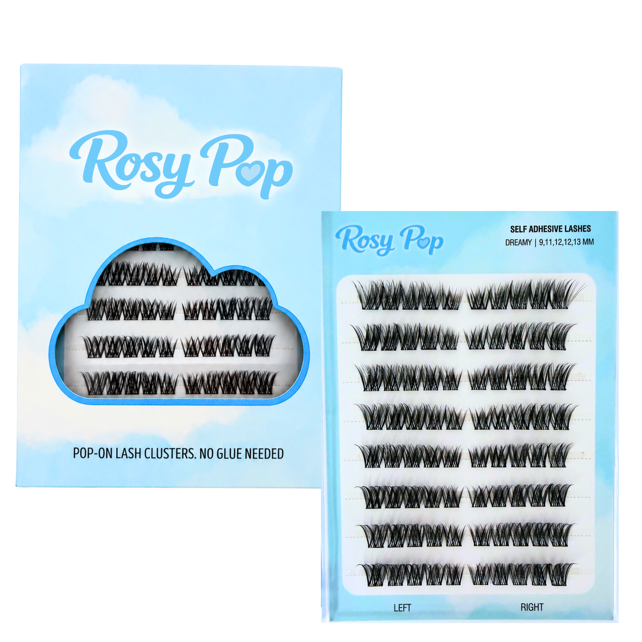 Rosy Pop lash clusters displayed in 8 rows labeled left and right. With the lengths 9, 11, 12, 12, 13 millimeters displayed. 