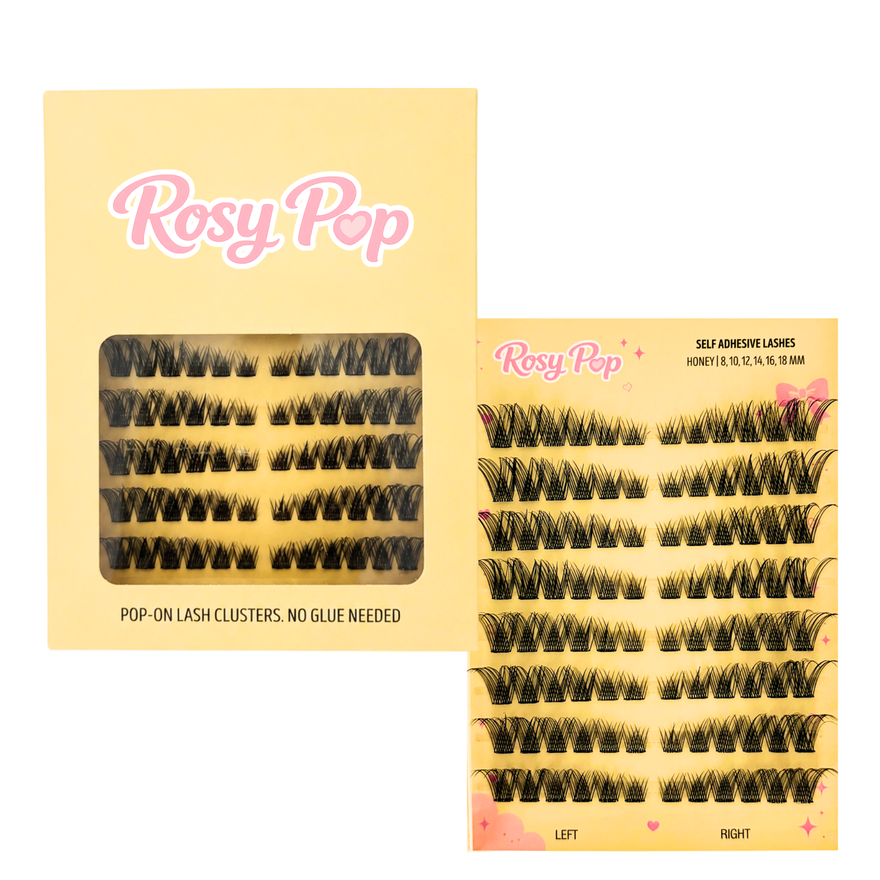 Rosy Pop false eyelash clusters shown in two views: a front view of the pale yellow clamshell box with a window, and a rear view of the card packaging displaying the black lash clusters on a pale yellow backing.