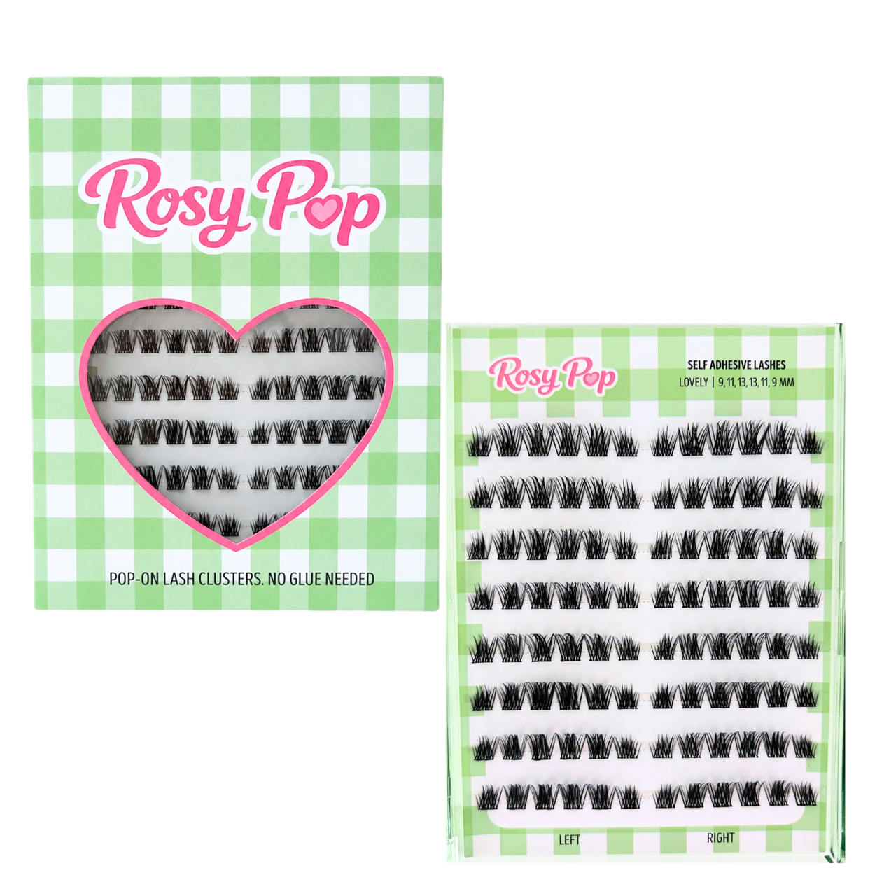 Rosy Pop lash clusters show in 8 rows labeled left and right with the inner card displaying the lengths 9, 11, 13, 13, 11, 9 millimeters. 