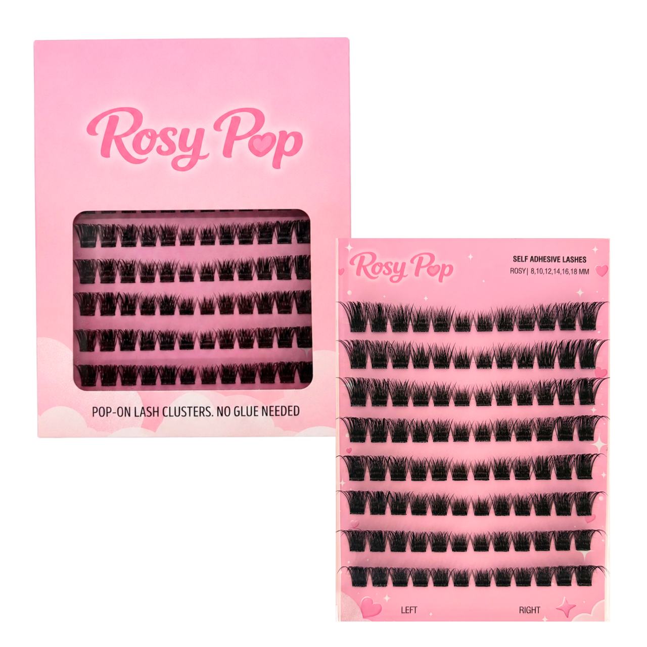 Rosy Pop false eyelash clusters shown in their pink retail packaging, with one box and one card displaying rows of black adhesive eyelashes on a white background.