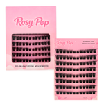 Rosy Pop false eyelash clusters shown in their pink retail packaging, with one box and one card displaying rows of black adhesive eyelashes on a white background.