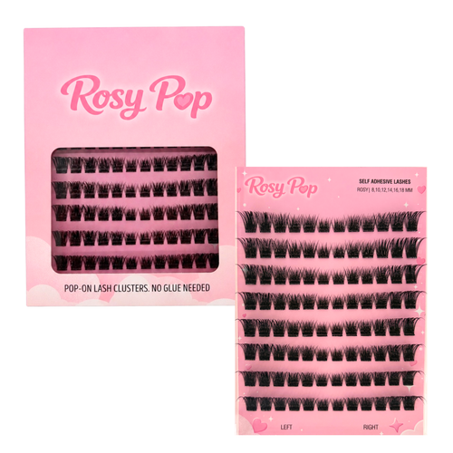 Rosy Pop false eyelash clusters shown in their pink retail packaging, with one box and one card displaying rows of black adhesive eyelashes on a white background.